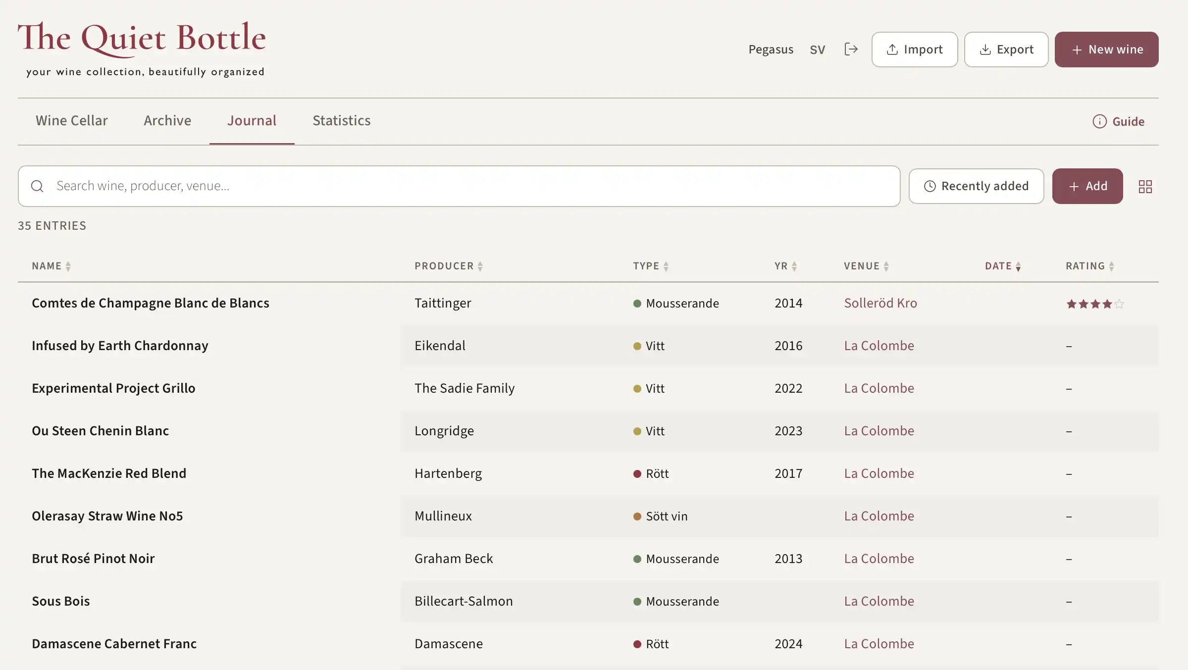 The Quiet Bottle — Wine Cellar list view